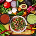Stock image of traditional mexican food salsas and ingredients